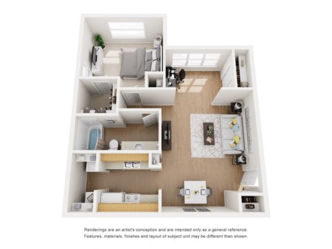 A white floor plan of a house with a kitchen, living room, and two bedrooms.
